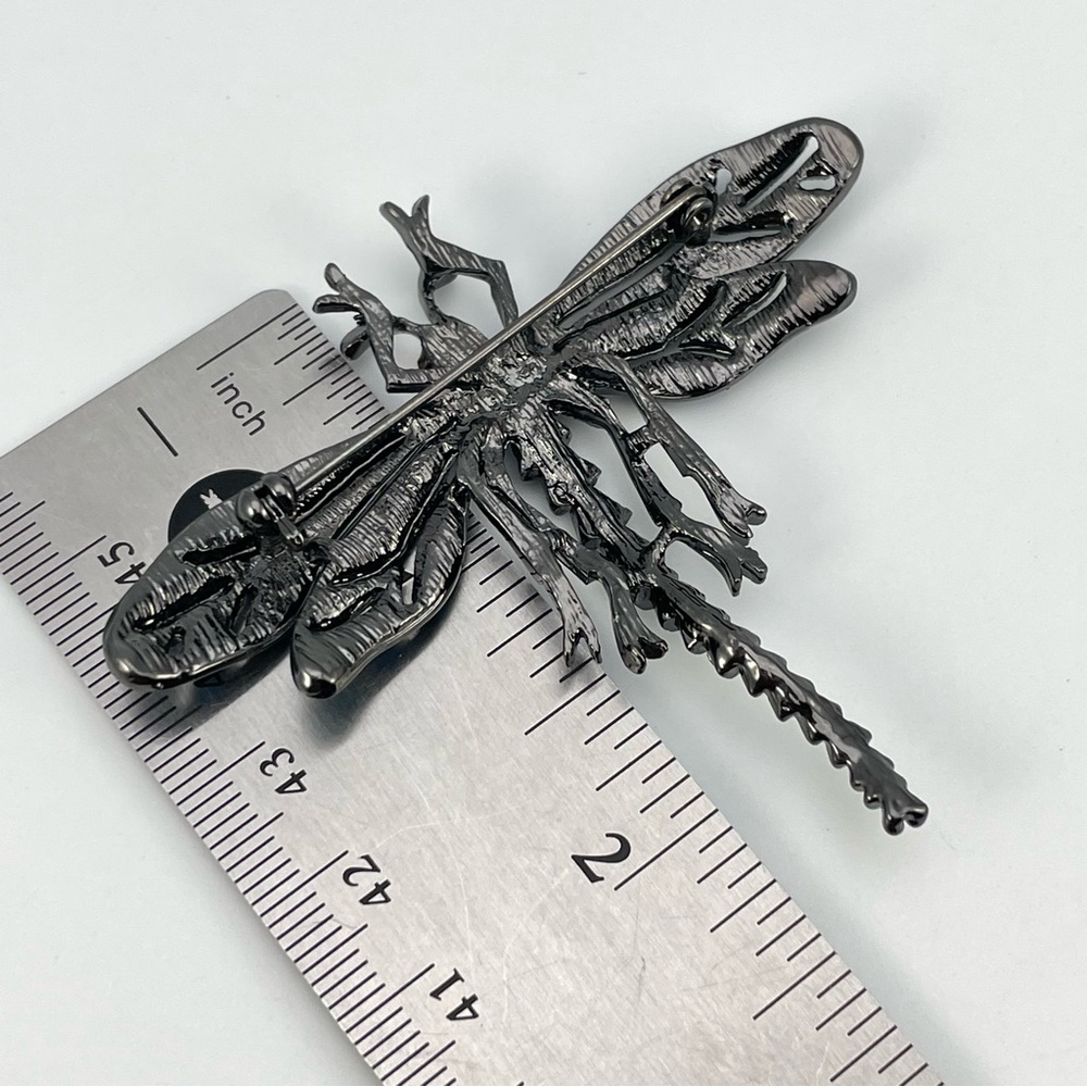 Blue Crystal Dragonfly Brooch Gunmetal Black Sparkle Insect Pin Vintage Style - Picture 5 of 6